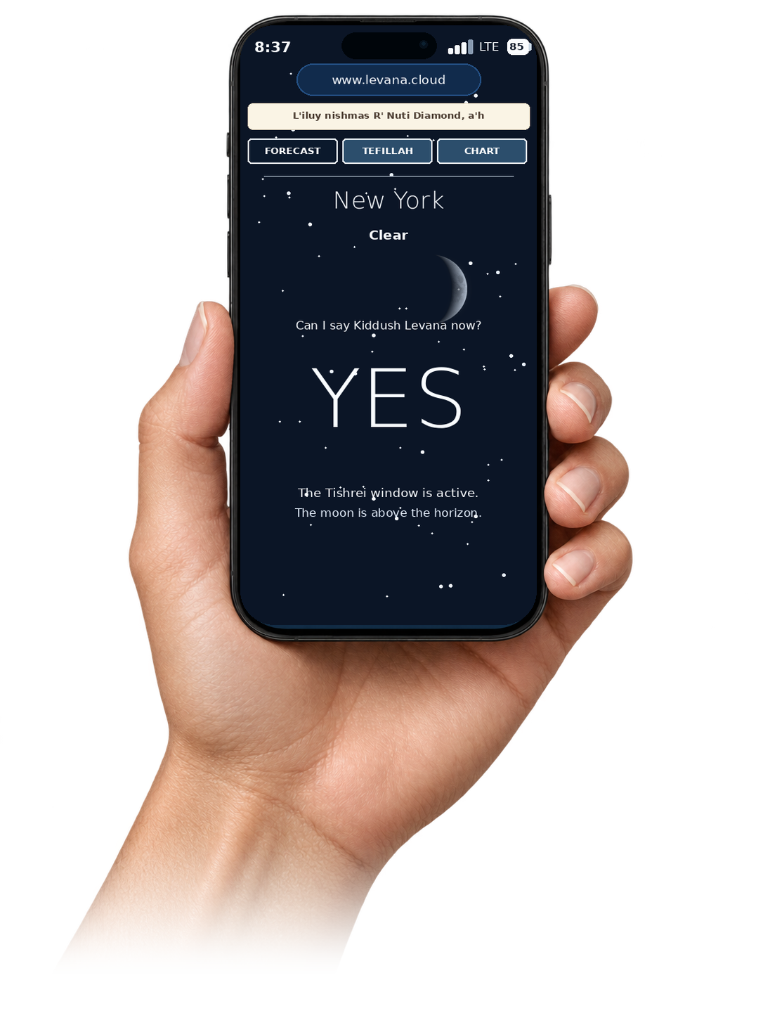 Illustrative New York YES state on a phone held beneath the moon